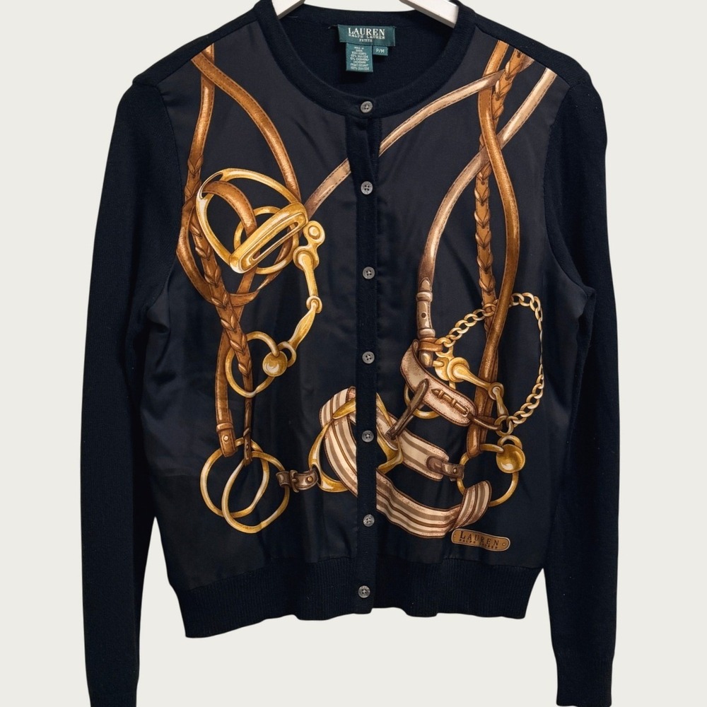 Lauren Ralph Lauren Silk Cashmere Equestrian Cardigan Black Sweater M Petite